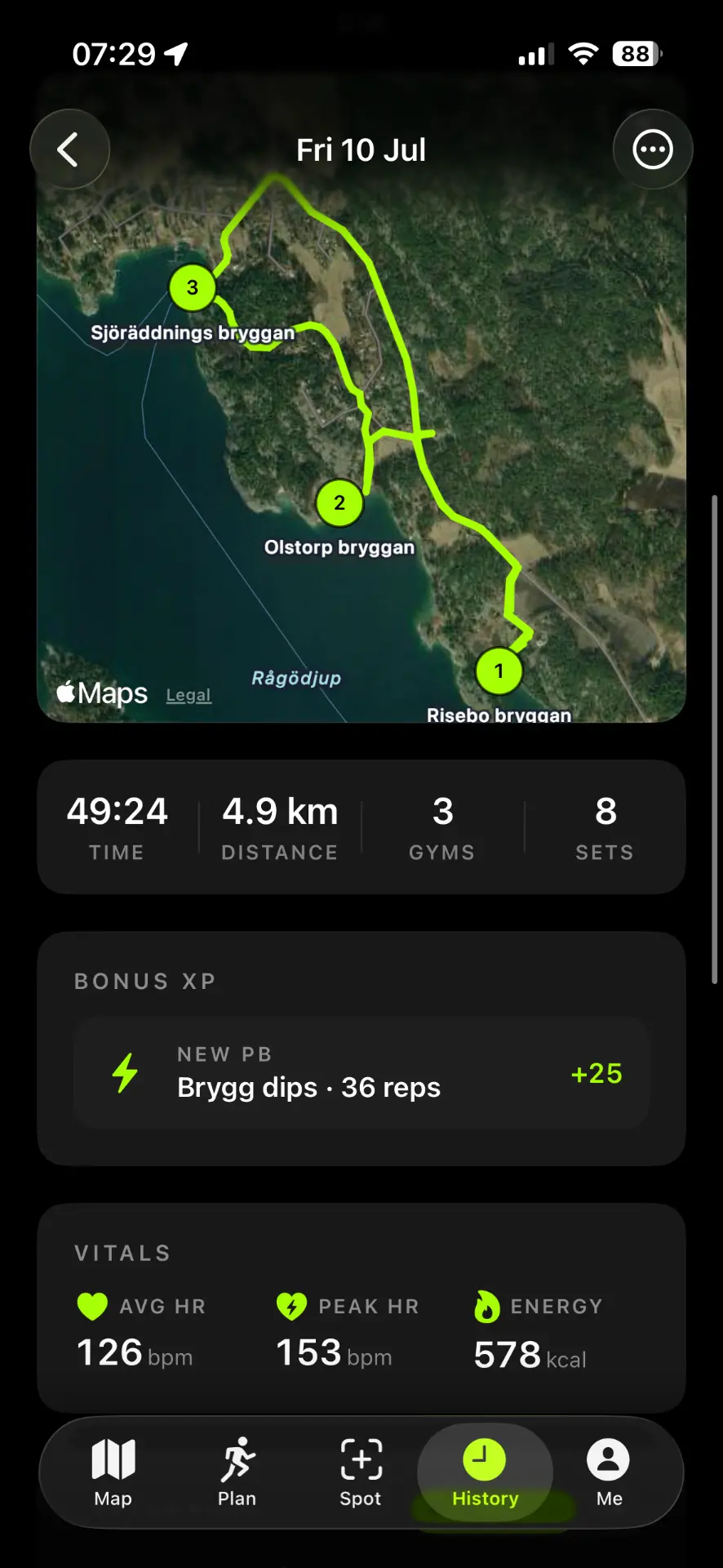 Completed workout summary with route and vitals