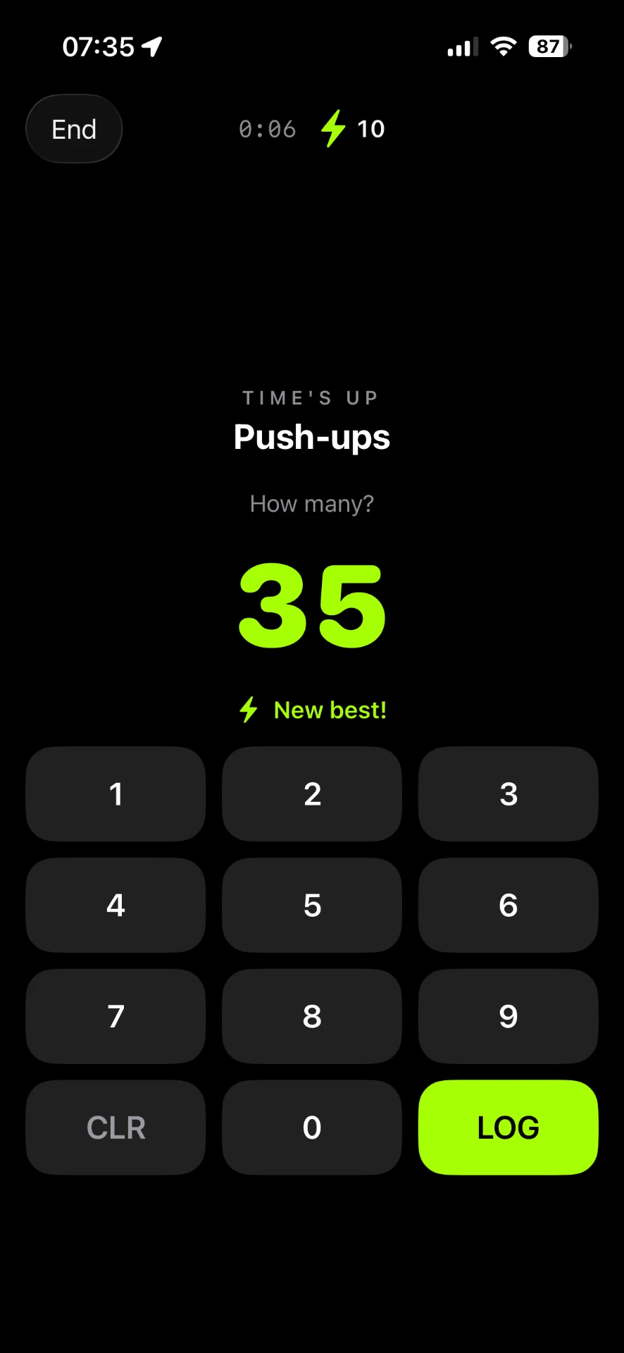 Rep logging keypad showing a new personal best